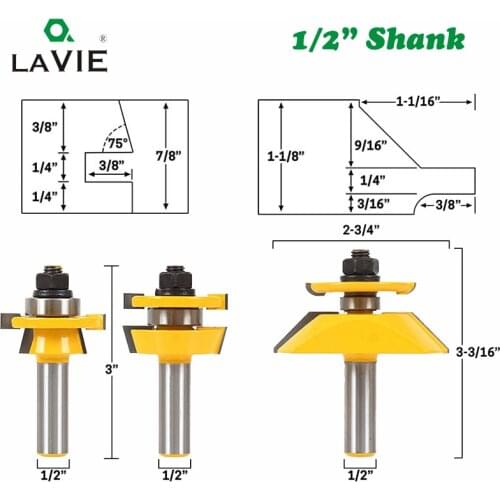 LA VIE 3pcs 12mm 1/2 Shank Rail Stile Router Bit Set Door Woodworking Cutter Mortise and Tenon Cutter Woodworking Tools MC03054