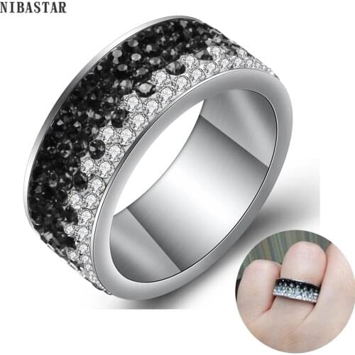 NIBASTAR 5 Rows Crystal Stainless Steel Ring For Women Fashion Red Blue Black Color Shinning Charm Ring Wedding Jewelry Rings