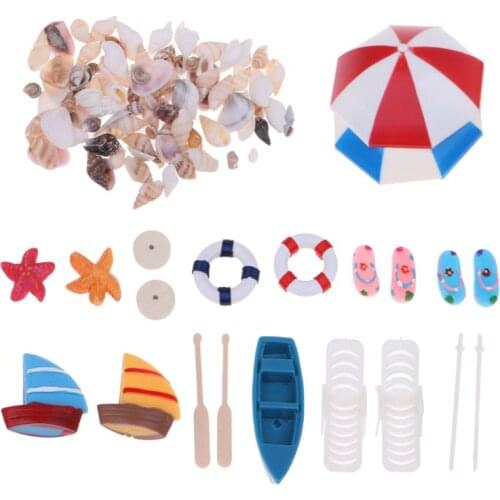 Beach Sun Umbrella Boat Shell Kits Miniature Landscape Fairy 1/12 Dollhouse Garden Figurine Miniature Ornament Decor