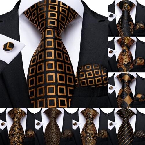 DiBanGu Gift Men Tie Gold Black Plaid Silk Wedding Tie For Men Paisley Design Hanky Cufflink Quality Men Tie Set Dropshipping
