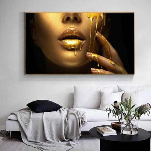 Sexy African Woman Gold Girl Face Canvas Paintings On The Wall Posters And Prints Golden Lips Wall Art Pictures Home Wall Decor