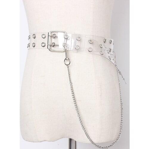 Fashion Punk Women Transparent Belts With chain Colorful Clear Single Double Row Hole Waist Straps Jeans Female Girl Waistband