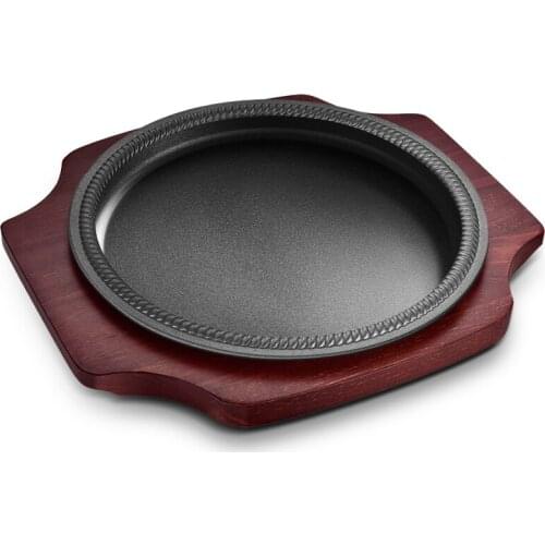 Thickened cast iron plate Korean barbecue pan fried steak non stick BBQ round household grill roasting meat pot wooden tray set