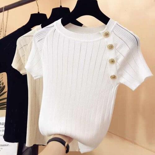Slim Short sleeve female 2021 summer new round neck button solid ice silk knitted T-shirt thin