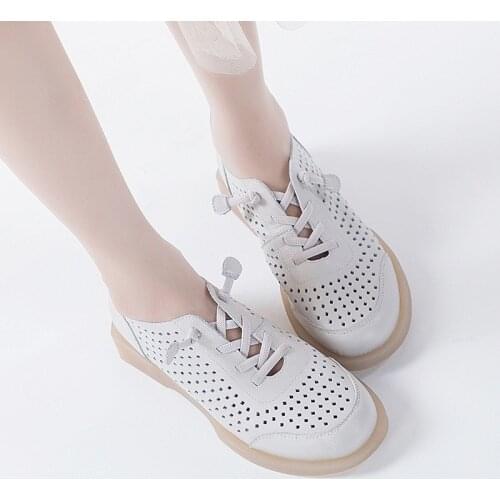 Womens Summer Hollow Out Soft Bottom Oxfords For Women Genuine Leather Shallow Shoes Woman Elastic Band Breathable Loafers