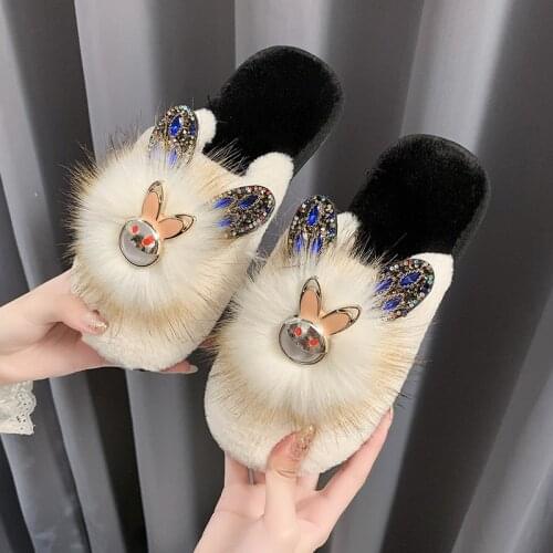 Women Cute Furry Slippers Winter Rhinestone Rabbit Faux Fur Slides Indoor Outdoor Warm Muller Soft Comfortable White Girl Shoes