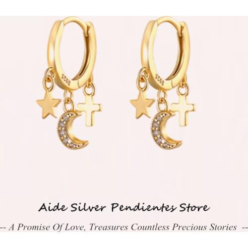 AIDE Gold Cross Star Moon Huggie Earrings For Women 925 Sterling Silver Hoop Earrings Dangle Sliver Jewelry Pendientes Mujer