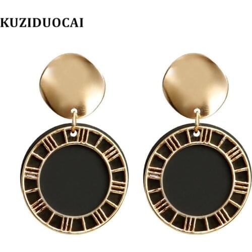 Kuziduocai 2019 New Fashion Jewelry Five Colors Metal Dangle Round Ferris Wheel Roman Numeral Scale Drop Earrings For Women 1630