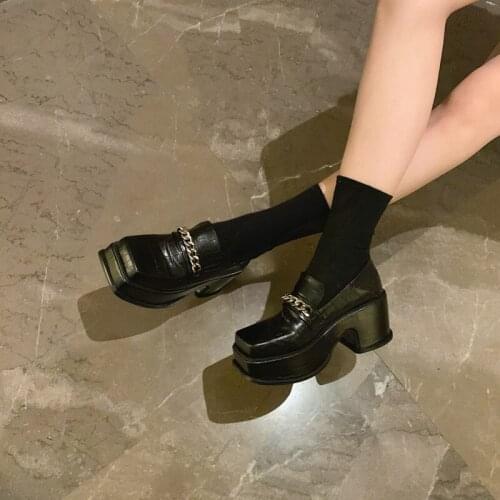 Women Shoes Designer Brand High Quality Square Toe Heels Woman Pumps Casual Chunky Shoes Black Platform Shoes Harajuku Femme