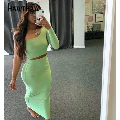 Hawthaw Women Long Sleeve Off Shoulder Crop Tops Long Pencil Skirt Skinny Slim Autumn Fall Two Piece Sets Clothes Suit 2Pc