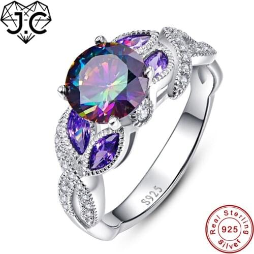 J.C Female Gorgeous Fine Jewelry Classic Rainbow & Amethyst & Pink & White Topaz Solid 925 Sterling Silver Ring Size 6 7 8 9