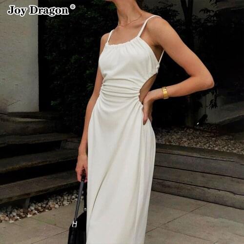 Women Dress Slim Sling Backless Middle Length Solid Color Summer Fashion 2021 Elegant Tight White Dresses Party Beach Evening
