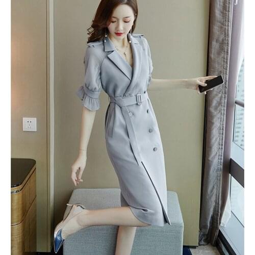 Summer 2021 Elegant Slim Fit Womens Dress Suit Collar Solid Medium Sleeve Womens Office Tight Dress Oversized Clothing