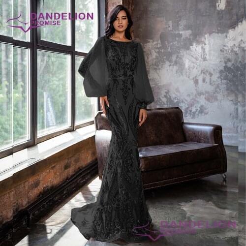 Luxury Dubai Mermaid O -Neck Evening Dress for Women 2021 Muslim Long Sleeves Sequin Formal Party Prom Gowns