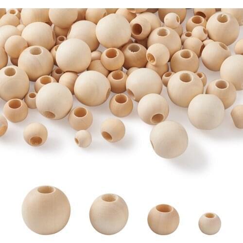 100pcs/set Unfinished Natural Wood Beads Floral White Color Spacer Wooden Beads Round Balls Mixed Sizes For Jewelry Making