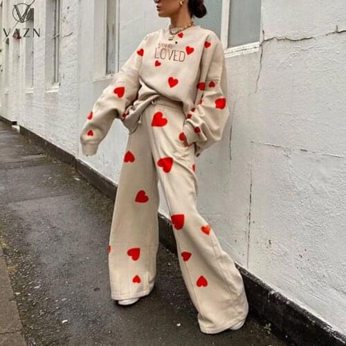 VAZN 2021 Autumn Casual High-end Office Lady Young Sexy Sweet Full Sleeve Top Long Wide Leg Pants Slim Women 2 Piece Set