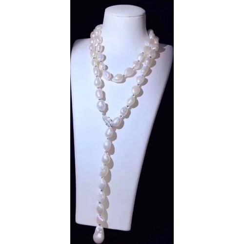 Free shipping long 9-11mm white baroque Pearl CZ Necklace Pendant 925 silver micro inlay zircon clasp accessory jewelry