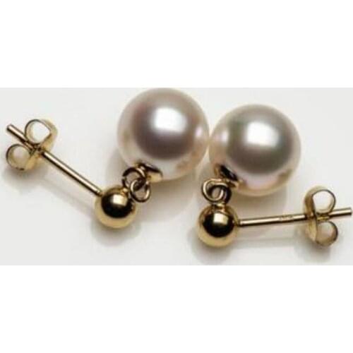 Free shipping >>>>noble jewelry Elegant 8.5-9mm Genuine Akoya Cultured White Pearl Drop Earrings 14k Yellow Gold