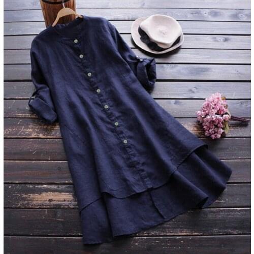 Elegant Blouses Women Casual Loose Linen Soild Button Long Sleeve Long Shirt Blouse Causal Tops chemise femme