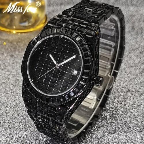 Hip Hop MISSFOX Full Black Men Watches Top Brand Luxury Iced Out Quartz Watch AAA Diamond Clocks Streetwear Male Jewelry Clocks