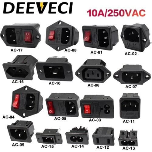 Electrical AC Socket 2 pin red LED 250V 4p Rocker Switch 10A fuse male female inlet plug connector 3 pin socket IEC320 C14