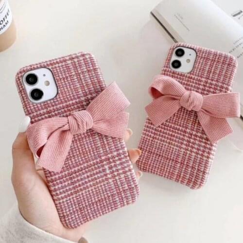 Korean Pink Flannel Fabric Bow Phone Case for iPhone 11 Pro X Xs Max Xr SE 7 8Plus Plaid Cloth Bowknot Plush Hard Tpu Back Cover