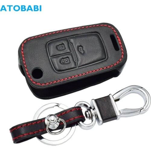 Leather Car Key Cover For Chevrolet Cruze Opel Vauxhall Mokka Buick Encore 3 Buttons Folding Remote Fob Protector Case Keychain