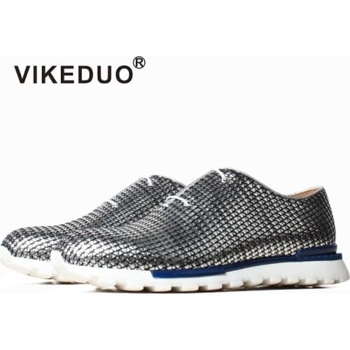 VIKEDUO Summer Casual Sneakers Men Wowen Leather Silver Sports Shoe Luxury Handmade Driving Footwear Breathable Zapato de Hombre