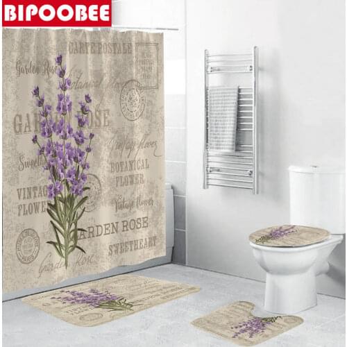 Lavender Pattern Shower Curtains Beautiful Flowers Bathroom Curtain Bath Mat Set Non-Slip Pedestal Rug Toilet Lid Cover Mats