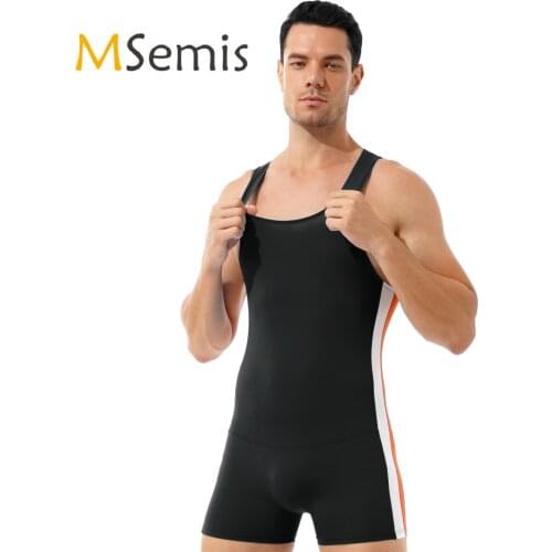 Mens Skinny Jumpsuit Stretchy Leotard Fitness Contrast Color Stripe Athletic Wrestling Round Neck Sleeveless Sport Bodysuit