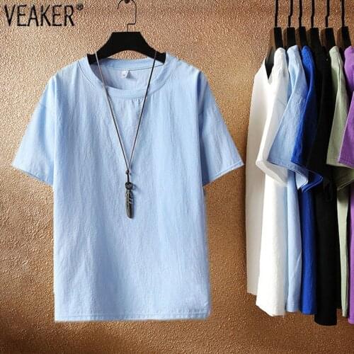 2021 New Men‘s Summer Cotton Linen T shirts Solid Color Breathable O-Neck Short Sleeve T Shirt Tops Plus Size M-5XL