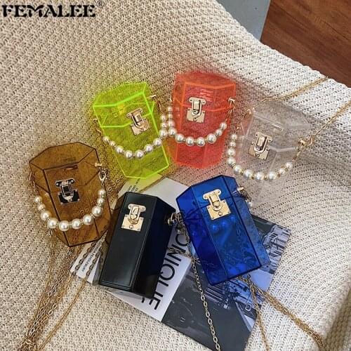 2021 NEW Clear PVC Handbags For Women Luxury Party Pearl Handle Tote Purses Transparent Evening Shoulder Bolsas Mini Chains Sac