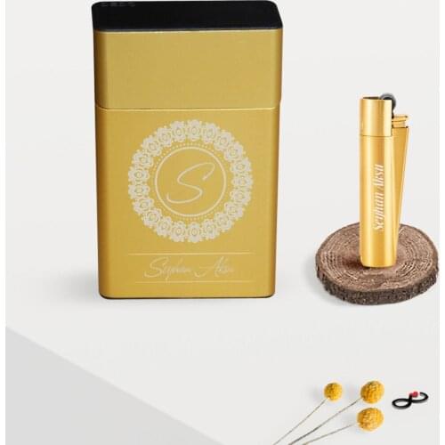 Personalized Is Gold Metal Cigarette case and Clipper Lighter Set-2 Memories Name Lettering Souvenir Gift Design