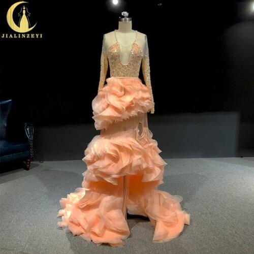 Rhine real Pictures Georges Hobeica Long Sleeves Sexy Orange Beads Ruffle vestidos de fiesta formal dresses Evening Dresses