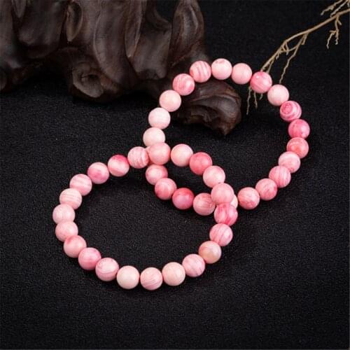 Natural Gemstone Shellfish Pink Queen Conch Shell Round Beads Stretch Bracelets