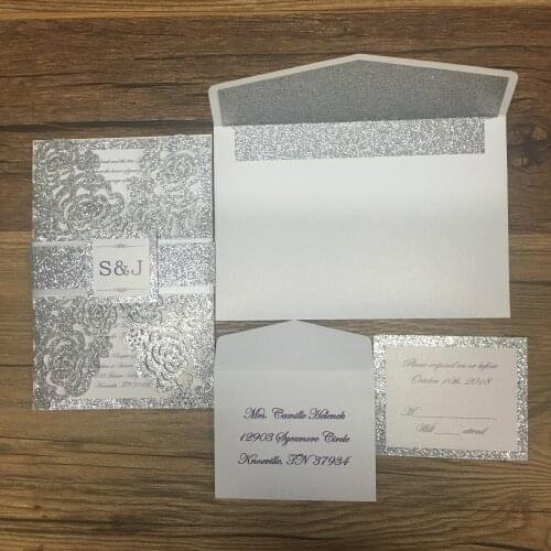 Luxurious laser cut glitter silver paper 3d invitation cards for wedding personalize printing with standard envelop