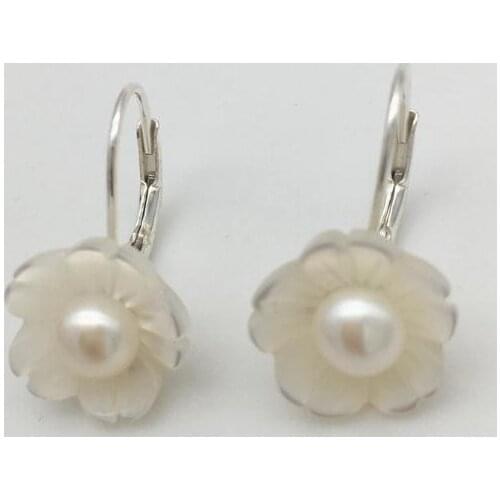 Favorite Pearl Earring Hot Sale AA 7-8MM White Cultured Freshwater Pearl Shell Flower S925 Silver Dangle Earrings Women Jewelry