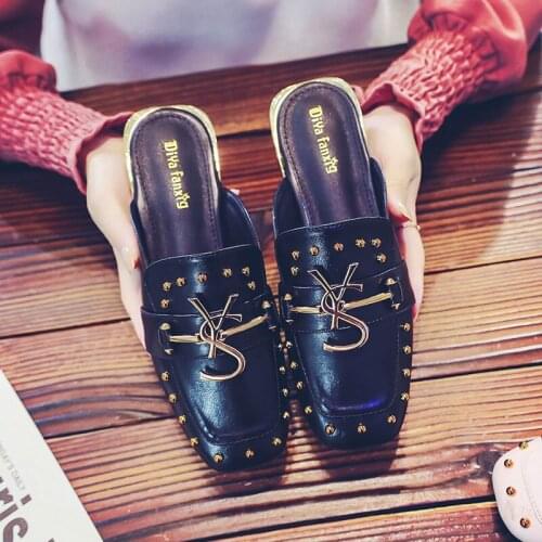 Summer Fashion High Heels Rivet Premium Leather Shoes for Women Plus Size Office Mules Solid Ladies Slipper Woman Pumps Slides