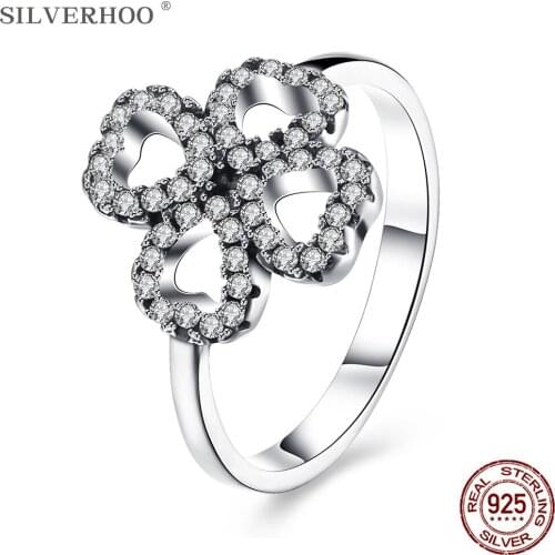 SILVERHOO Real 925 Sterling Silver Rings For Women Heart Flower Full Cubic Zirconia Finger Ring Wedding Engagement Jewelry Gift