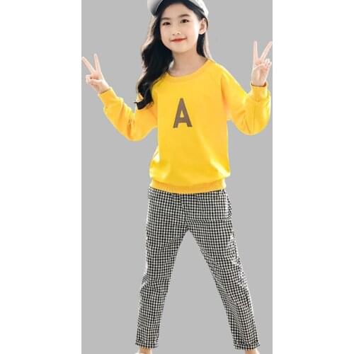 Sport Clothes For Girls Letter Sweatshirt Pants 2PCS Girl Set Clothes Plaid Children Clothing For Girls 6 8 10 12 14 Year