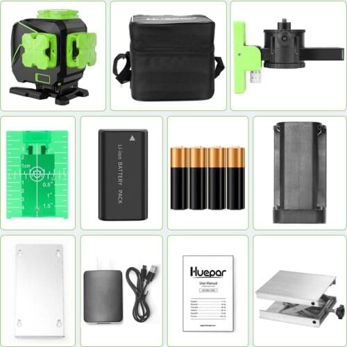 Huepar 12 lines 3D Cross Line Laser Level Self-leveling Green Beam Floor Laser Vertical Horizontal Line Use Dry & Li-ion Battery
