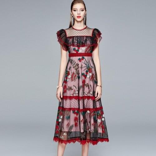 Vintage Elegant Fashion Floral Strawberry Embroidery Mesh Dress Female Women High Waist Slim Ruffles Tulle Party Long Dress
