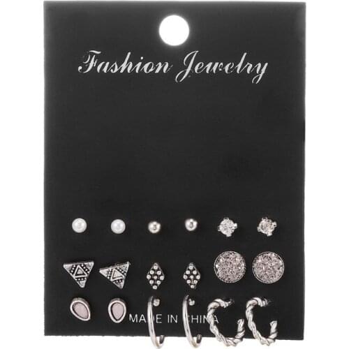 Vintage 9Pairs/set Antique Silver Color Geometry Ear Stud Earrings Set For Women Party Wedding Jewelry Gift for Women