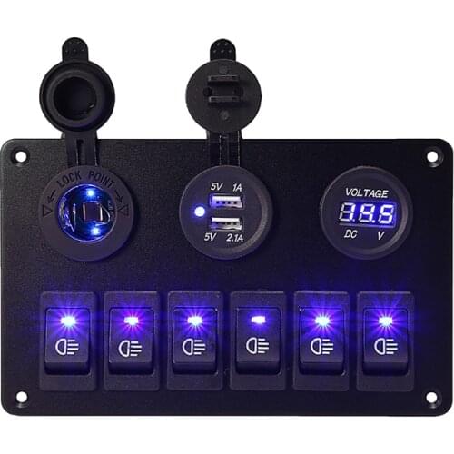 Waterproof 6 Buttons Car Boat Marine LED Rocker Switch Panel Circuit Breakers Dual USB Port 12V Outlet Switch Control Panel