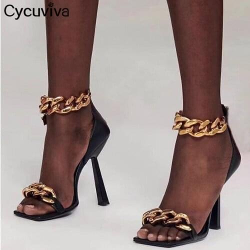 Brand Summer Women High Heel Sandals Gold Metal Chain Peep Toe Runway Party Dress Shoes Woman High Quality Sandalias Mujer