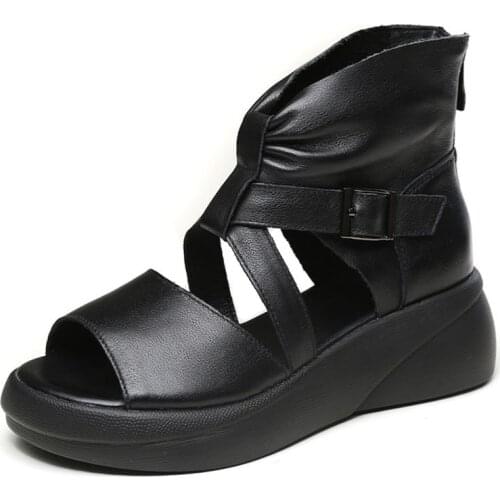 2021 Brand Fashion Sandals Ladies Open Toe Cool Boots 100% Genuine Leather Back Zipper Wedges Heel Platform Summer Women Sandals