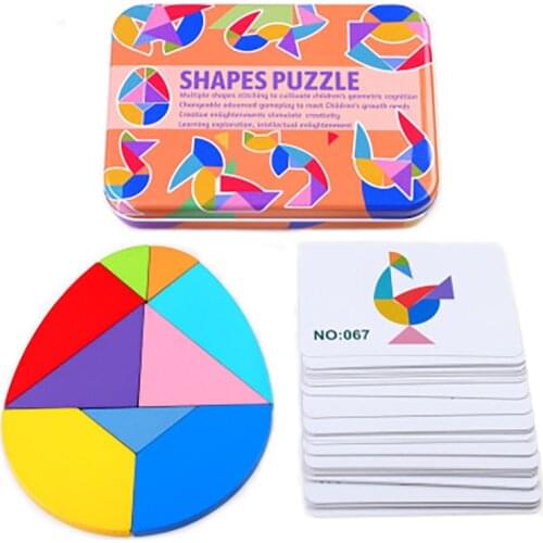 3D Wooden Variable Tangram Jigsaw Puzzle Toys with Shape Cards Children Educational Puzzles Toy DIY Assemble Board Game Y032