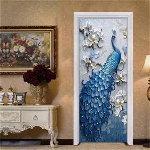 3D Peacock Door Stickers Home Decor Removable Wallpapers DIY Self-adhesive Waterproof Mural Decals Living Room Bedroom Posters
