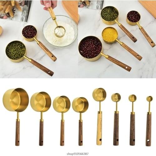 4/8pcs Stainless Steel Measuring Spoons Cups Wooden Handle Household Kitchen Dining Bar Baking Cake Sugar Tools Set Wholesales
