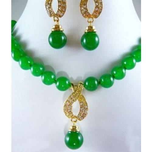 AAA NEW set of green jade bead necklace pendant earrings